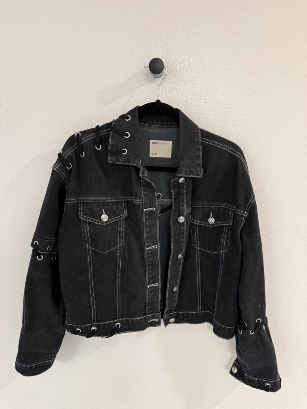ASOS Black Denim Jacket with Eyelet Lace-Up Accents
